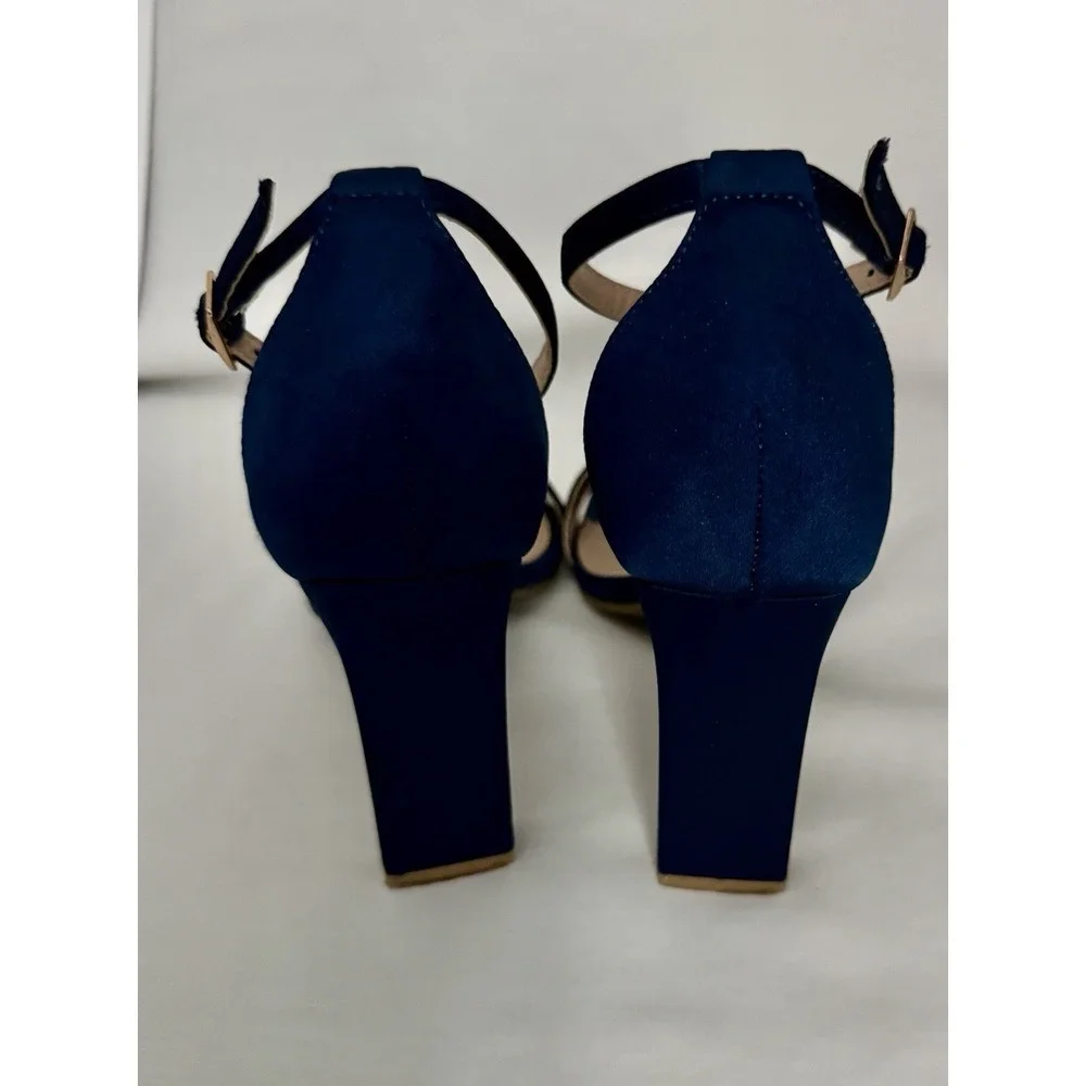 Women's Navy Blue Heel 7 Ankle Strap Open Toe Square Wedding Party  Sandal Heels